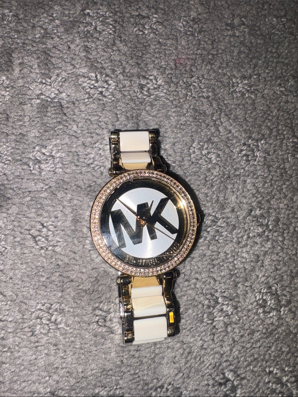 Michael Kors Gold and White MK Logo Crystal Bezel Watch